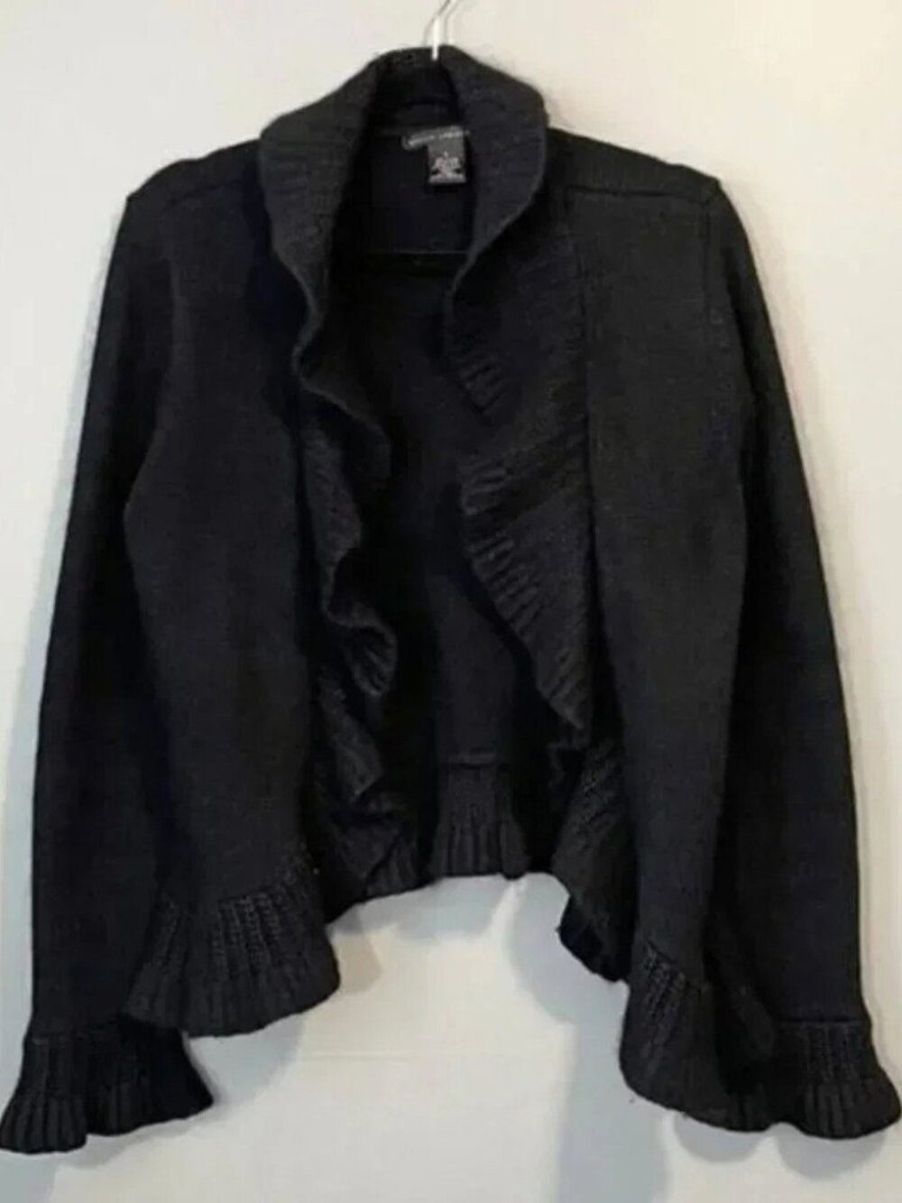 EUC Vintage Angora Wool Blend Ruffle Trim Open Cardigan Black Lg